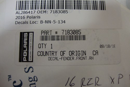 2016 Polaris RH Front fender decal - RZR XP 1000 (VDE99MAM) - Image 2