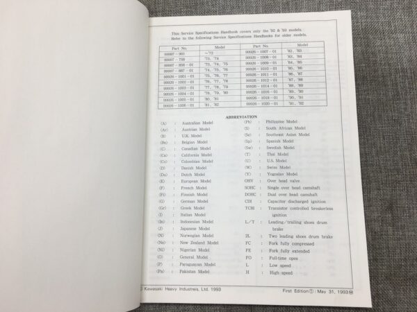1992 Kawasaki Service Specification Handbook - Image 4