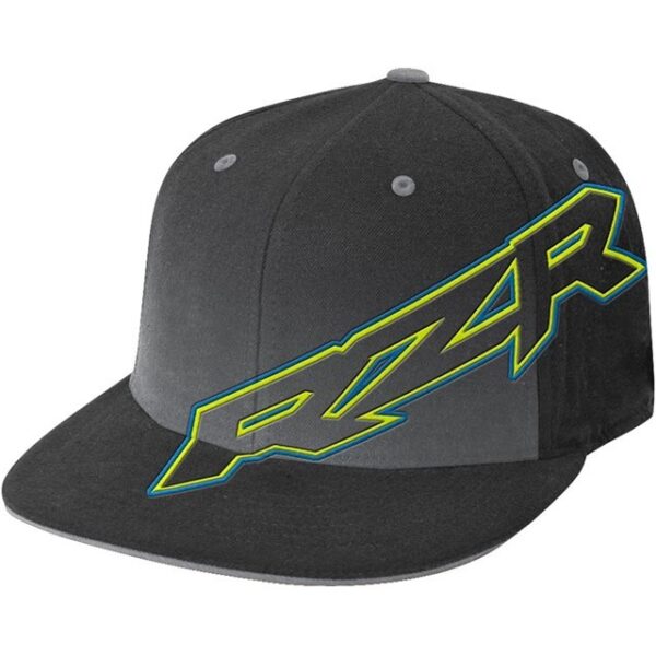 POLARIS RZR YOUTH HARDCORE FLEX FIT CAP BLACK W/BLUE & GREEN RZR LOGO