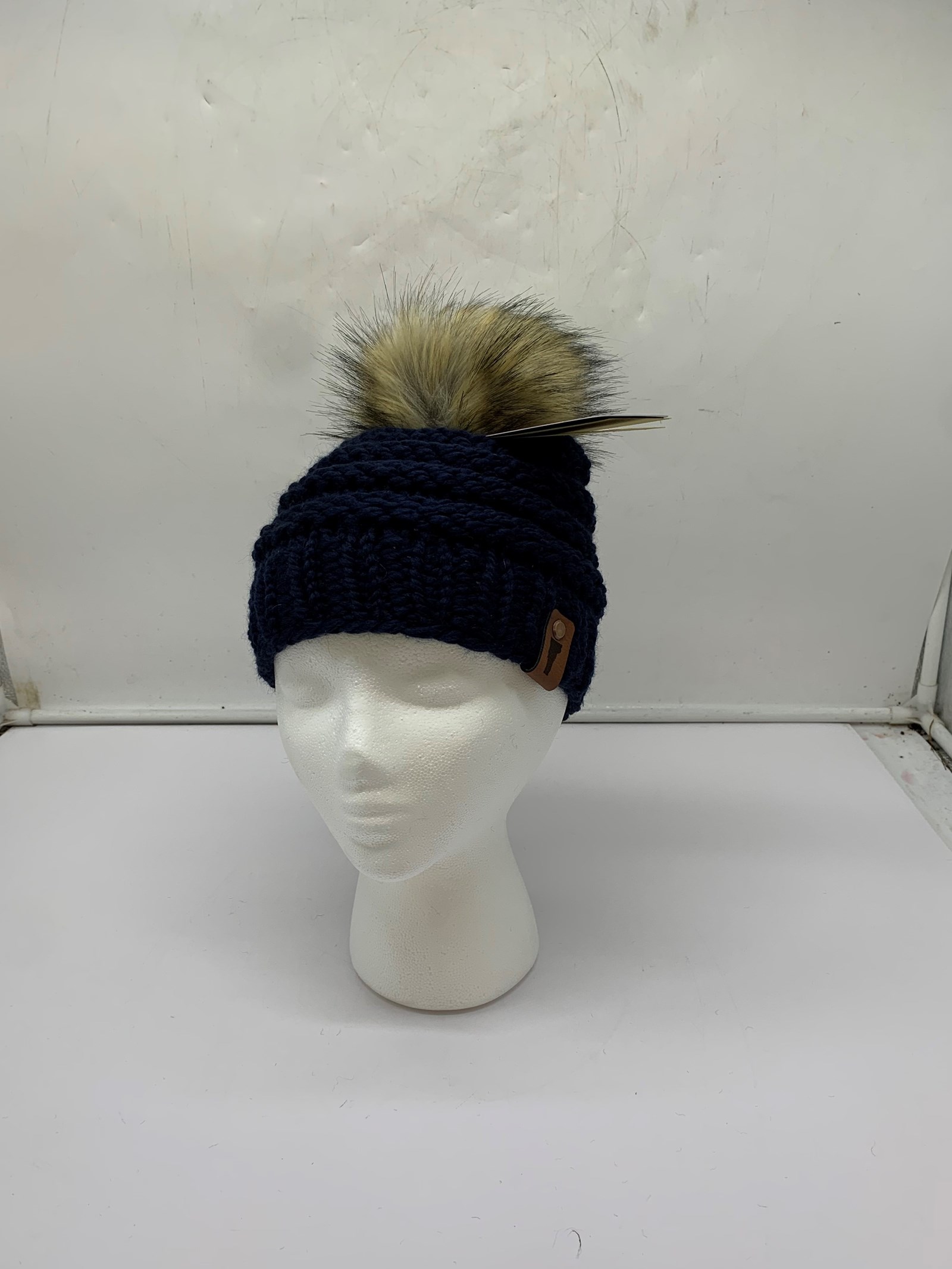 ACRYLIC/WOOL BLEND BEANIE W/POM POM NAVY BLUE S/M