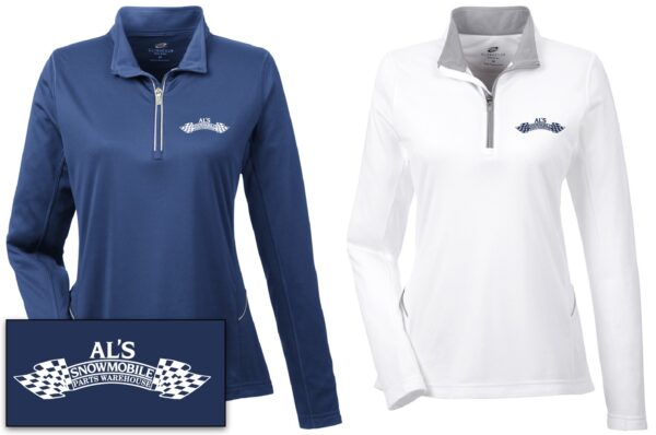 LADIES ULTRA CLUB COOL & DRY SPORT 1/4 ZIP PULLOVER RETRO LOGO NAVY SM