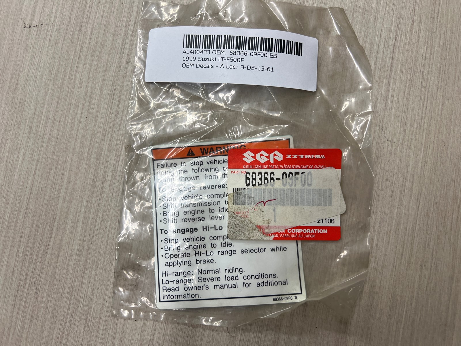 1999 Suzuki Label Warning Reverse