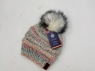 ACRYLIC/WOOL BLEND BEANIE W/POM POM MULTI CREAM, PINK, GREEN & BLUE M/L